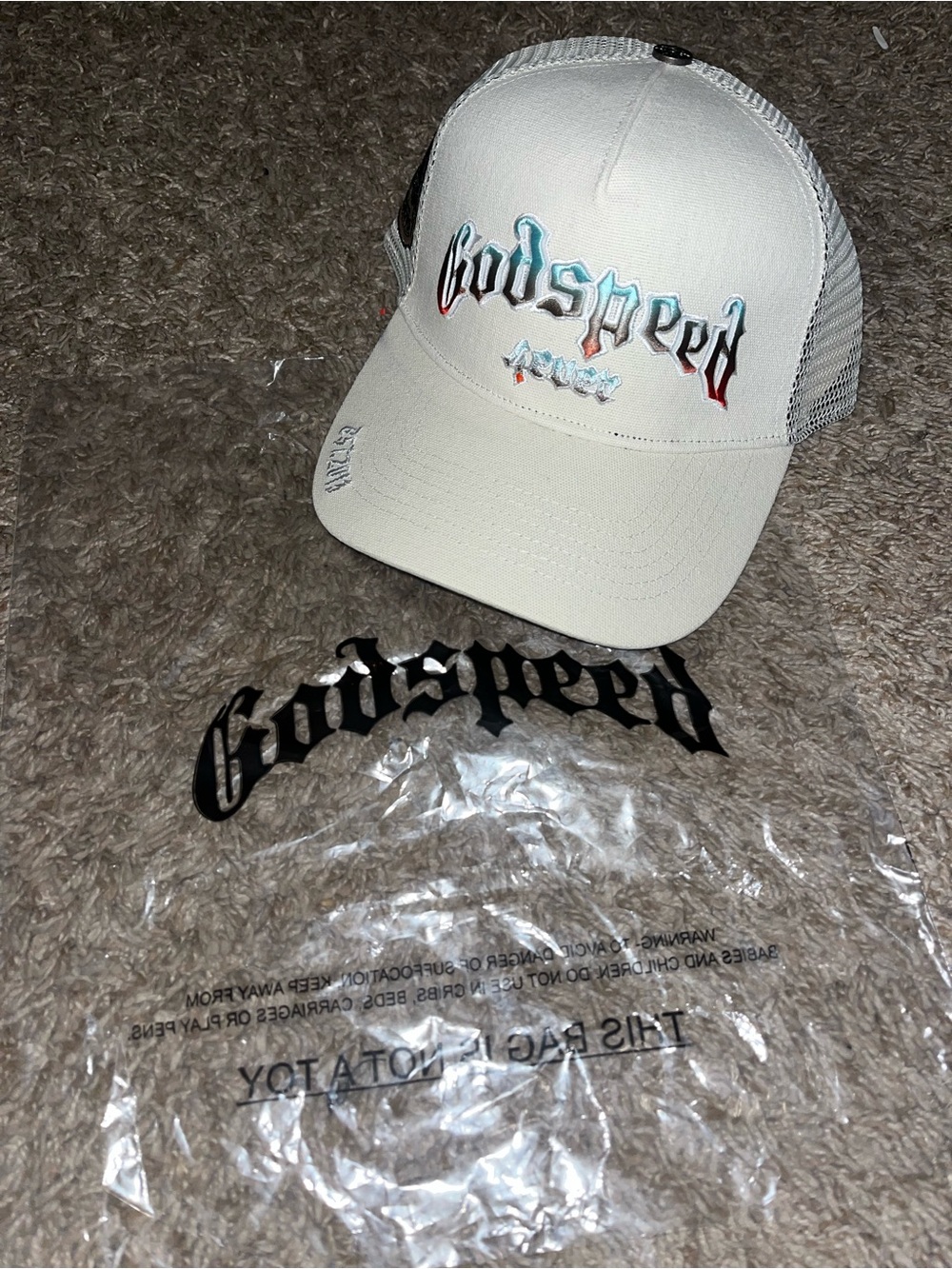 Godspeed White Mesh Trucker Hat with Sun Embroidery